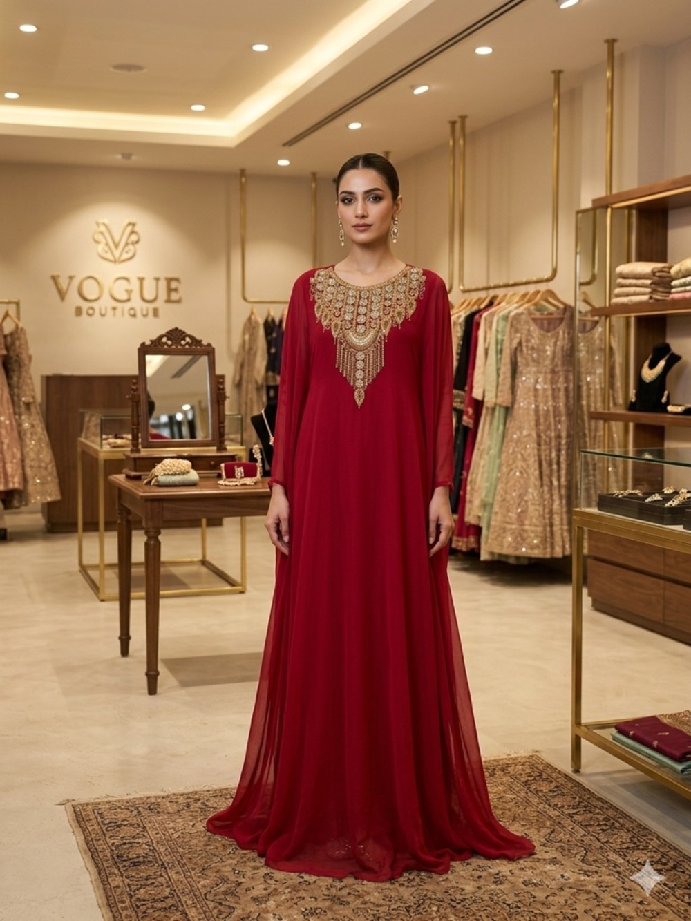 Red Maxi Dress with Gold Embellished Neckline